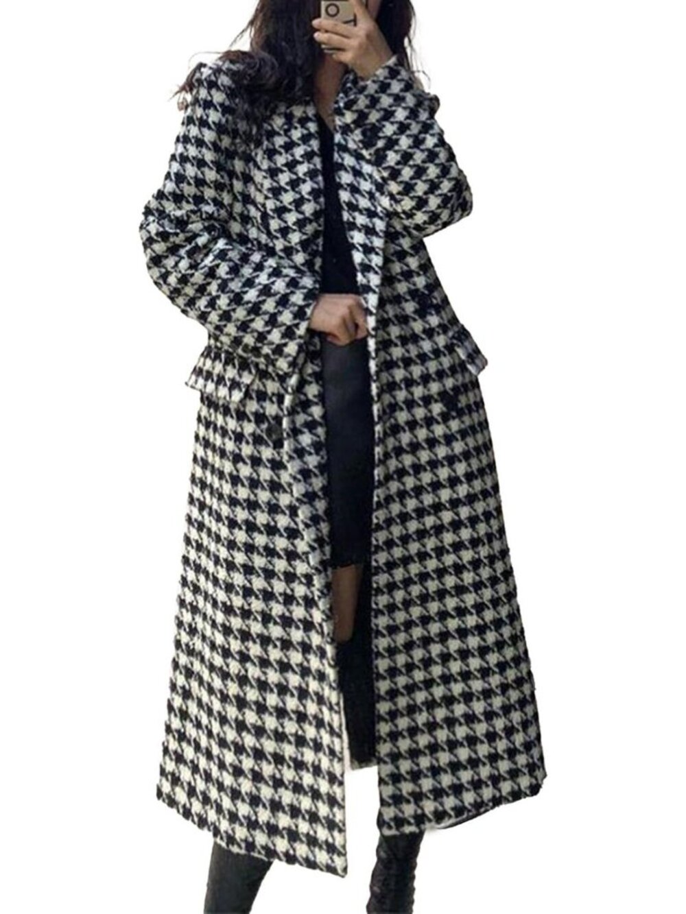 Chic Houndstooth Trench Coat for Women | Stylish Winter Long Overcoat